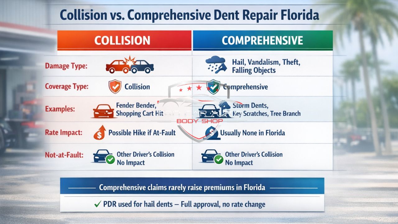 Collision vs comprehensive dent repair Florida infographic showing damage types, insurance coverage, examples, and impact on insurance rates.