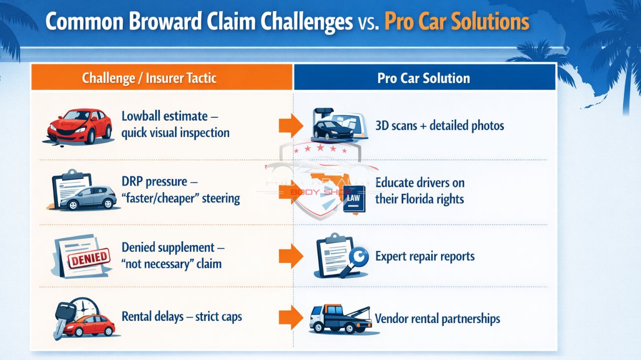 Broward County insurance claim challenges infographic showing lowball estimates, DRP pressure, denied supplements, and rental delays with collision repair solutions.