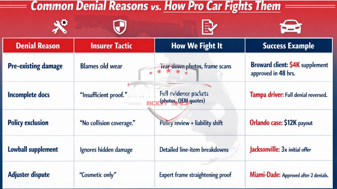 Infographic showing common insurance claim denial reasons in Florida and how a body shop fights back with documentation, policy reviews, supplements, and successful case examples in Broward, Tampa, Orlando, Jacksonville, and Miami-Dade.