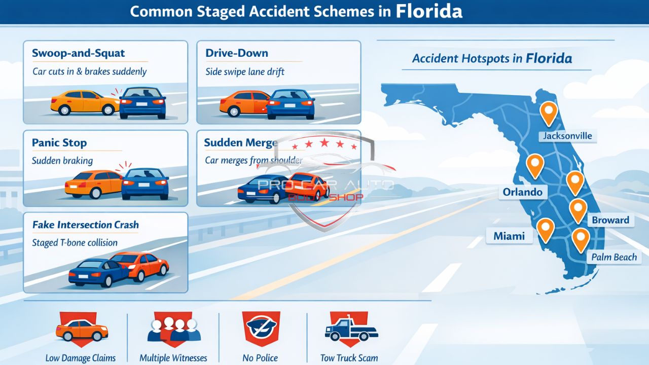 Common staged accident schemes in Florida including swoop-and-squat, drive-down, panic stop, sudden merge, and fake intersection crash with fraud hotspots map.