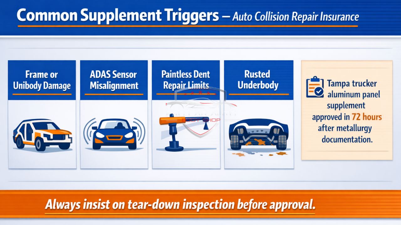 Auto collision repair insurance supplement triggers infographic showing frame damage, ADAS sensor misalignment, paintless dent repair limits, and rusted underbody issues.