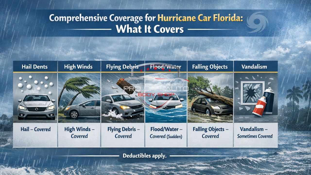 Comprehensive car insurance coverage for hurricane damage in Florida including hail, wind, flooding, falling objects, and debris impact.