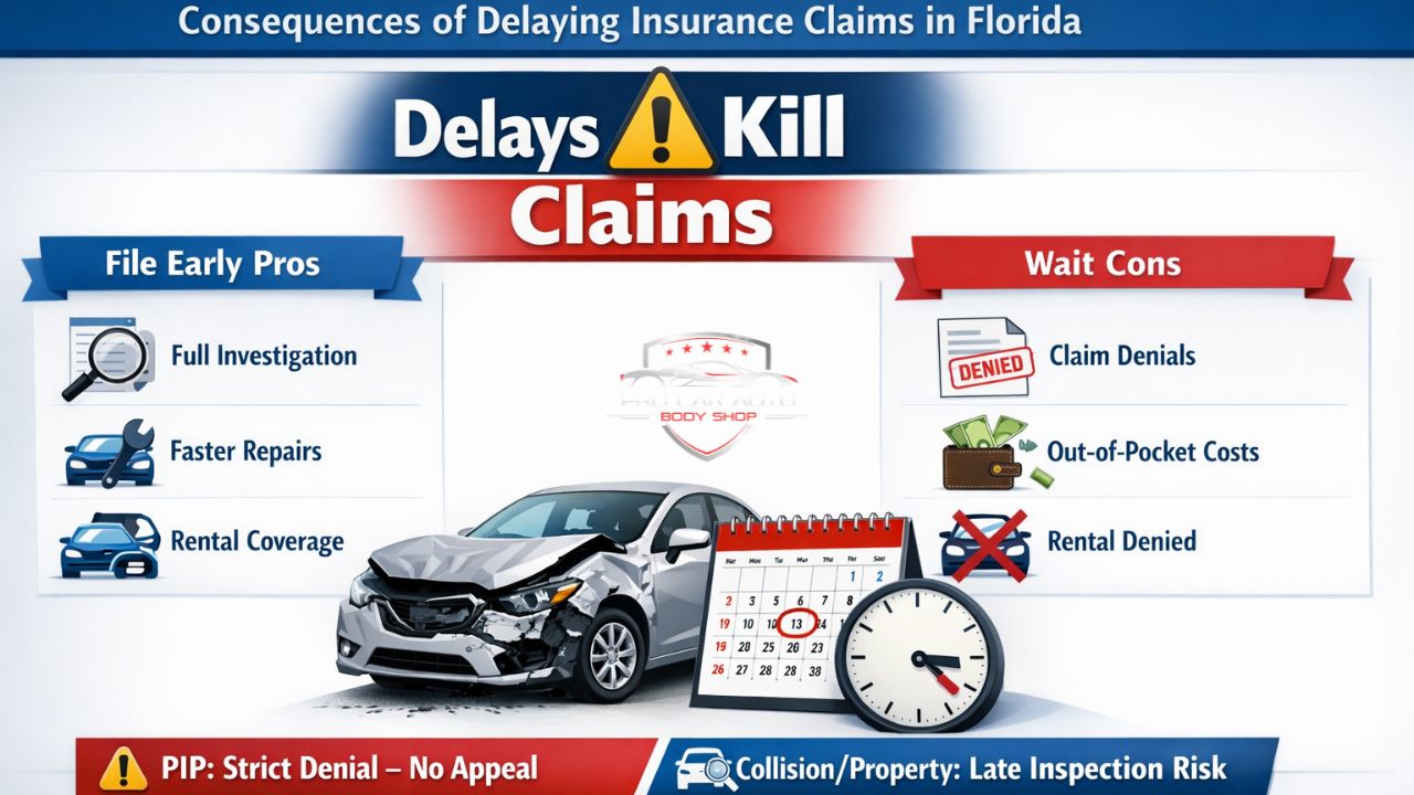 Consequences of delaying insurance claims in Florida showing claim denial risks, out-of-pocket costs, and benefits of filing early after a car accident.