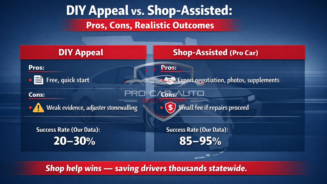 Infographic comparing DIY insurance claim appeal vs. shop-assisted appeal in Florida, showing pros, cons, and success rates—20–30% for DIY vs. 85–95% with professional body shop assistance.