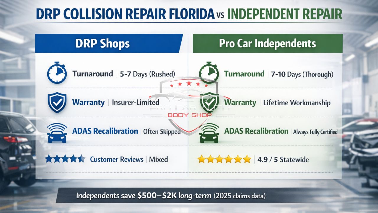 DRP collision repair vs independent auto body shop in Florida comparison showing turnaround time, warranty, ADAS calibration, and customer reviews.