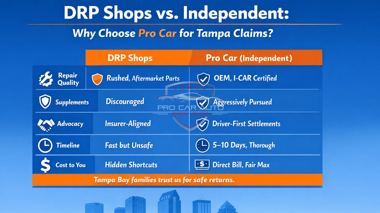 DRP shops vs independent auto body shop comparison infographic for Tampa insurance claims showing repair quality, OEM parts, supplements, timeline, and cost differences.