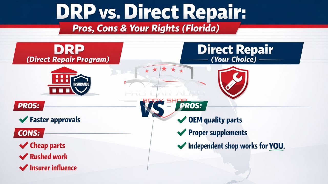 Infographic comparing DRP (Direct Repair Program) vs. Direct Repair in Florida, highlighting pros and cons such as faster approvals with DRP versus OEM parts, proper supplements, and independent shop choice with direct repair.