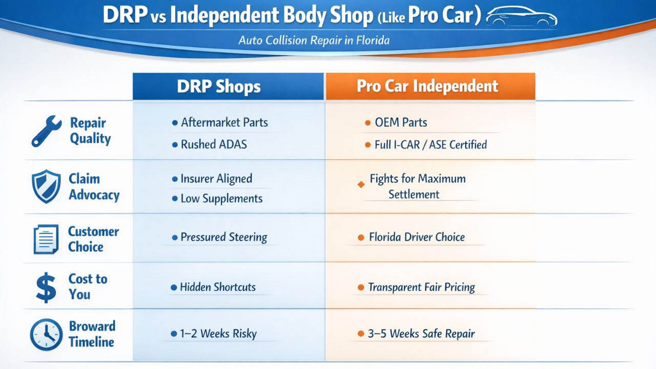 DRP vs independent body shop comparison infographic showing repair quality, OEM parts, claim advocacy, pricing transparency, and repair timeline.