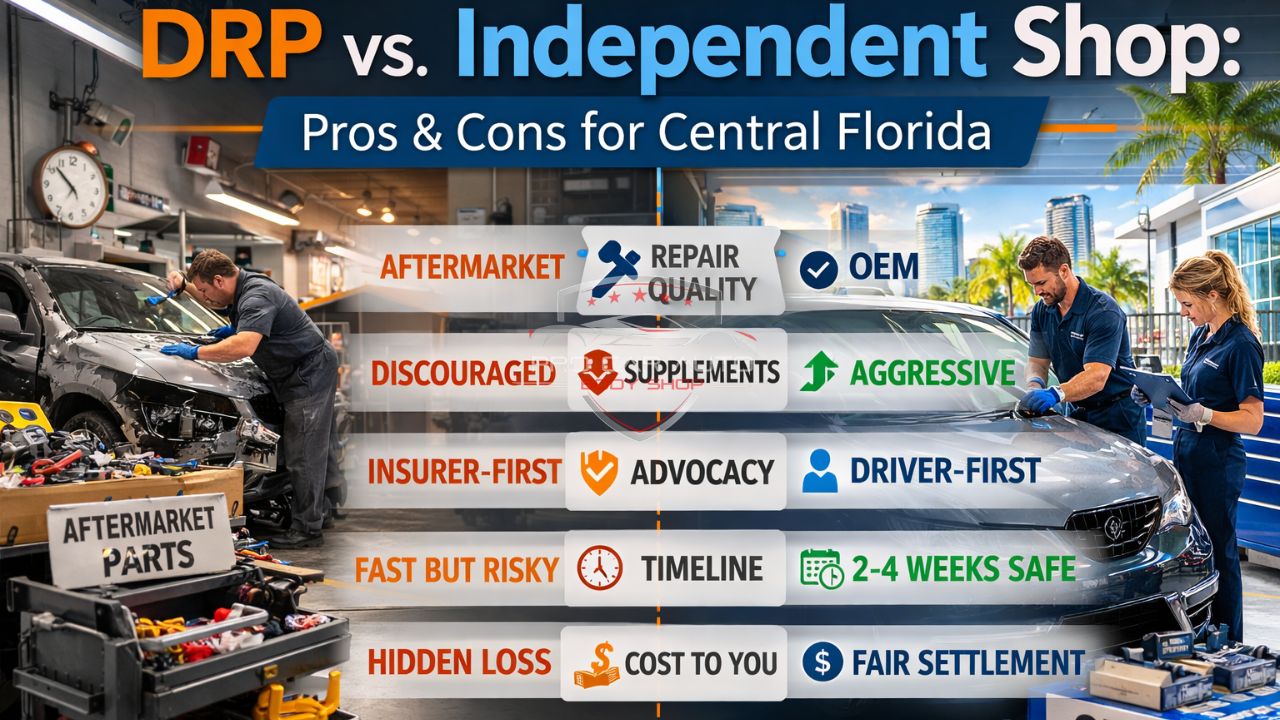 DRP vs Independent auto body shop comparison infographic for Central Florida showing pros and cons of insurance preferred repair shops versus independent collision repair shops.
