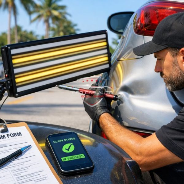 Technician performing paintless dent repair on car after fender bender with insurance claim form and claim status in progress in Florida 