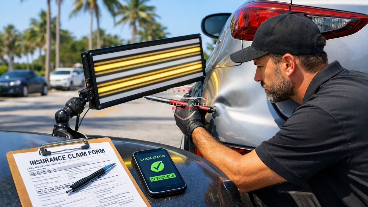 Technician performing paintless dent repair on car after fender bender with insurance claim form and claim status in progress in Florida 