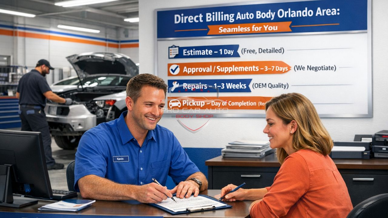 Direct billing auto body shop in Orlando assisting customer with insurance claim paperwork while collision repair technician works in background.