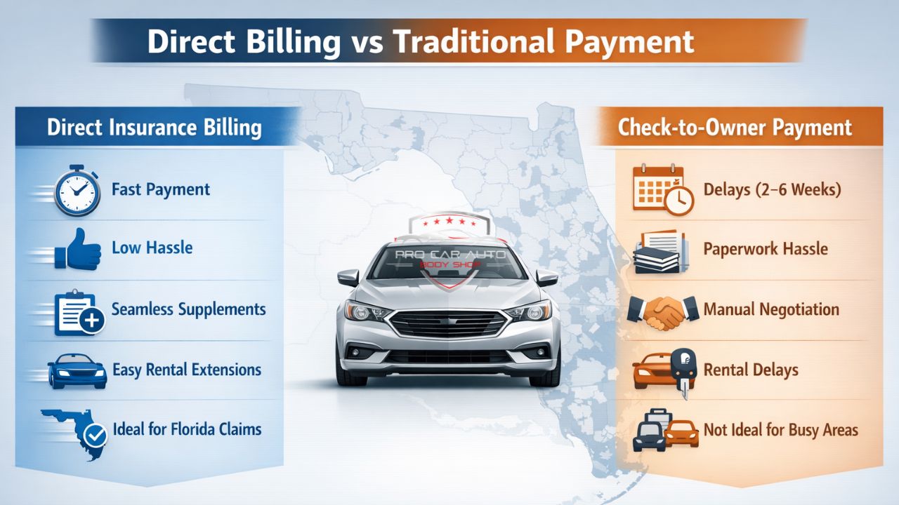 Direct insurance billing vs check-to-owner payment comparison showing faster repairs, low hassle, and seamless claims process in Florida auto body shops.