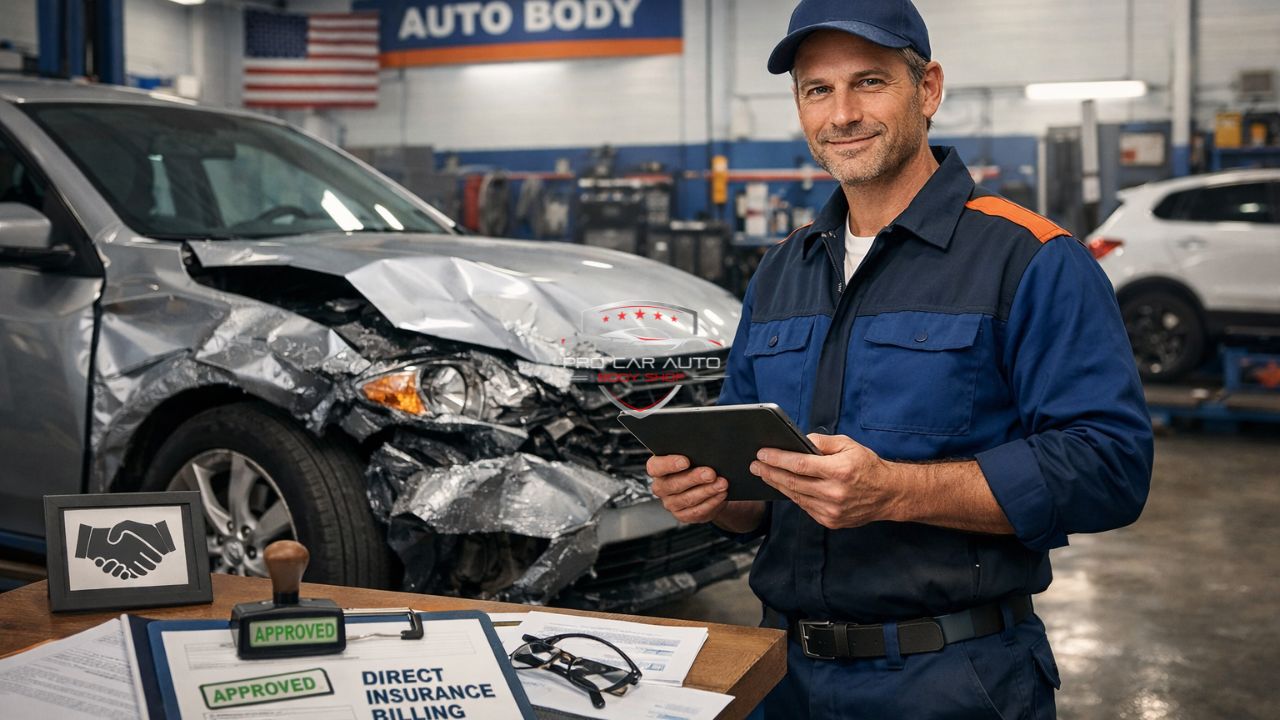 Auto body technician with damaged car and approved insurance claim paperwork showing direct insurance billing in a Florida collision repair shop.