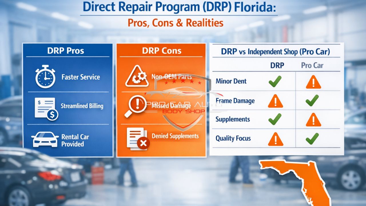 Direct Repair Program (DRP) Florida pros and cons infographic comparing insurance DRP shops vs independent auto body shops for collision repair.
