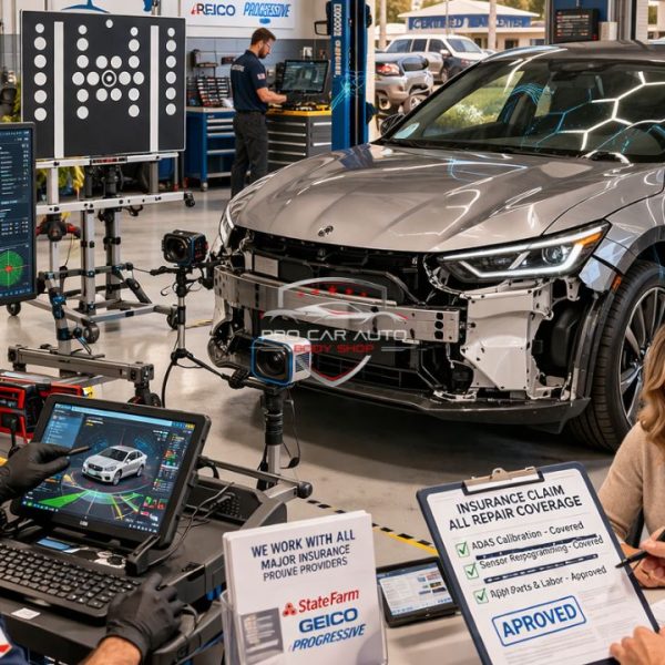 ADAS calibration and repair after car accident in Florida showing insurance claim approval, sensor recalibration, and modern collision repair technology in auto body shop 