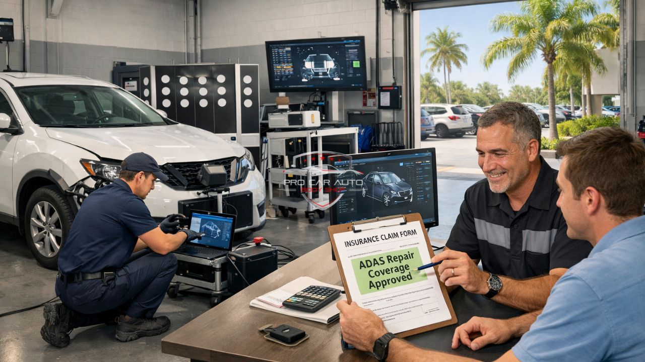 ADAS repair insurance coverage approved after car accident in Florida, showing technicians performing sensor calibration and insurance claim processing in an auto body shop.