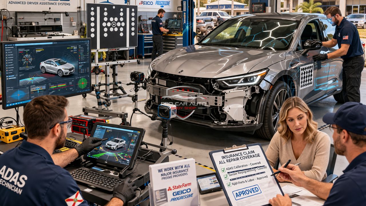 ADAS calibration and repair after car accident in Florida showing insurance claim approval, sensor recalibration, and modern collision repair technology in auto body shop 