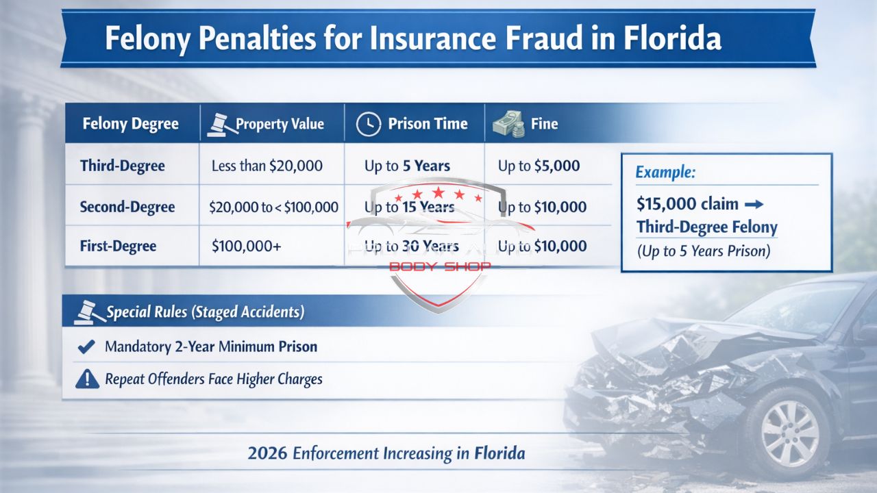 Felony penalties for insurance fraud in Florida showing third-degree, second-degree, and first-degree charges with prison time and fines for staged accidents.
