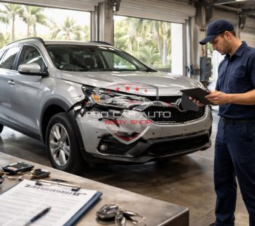 Technician inspecting front end vehicle damage and documenting an insurance claim in a Florida auto body shop 