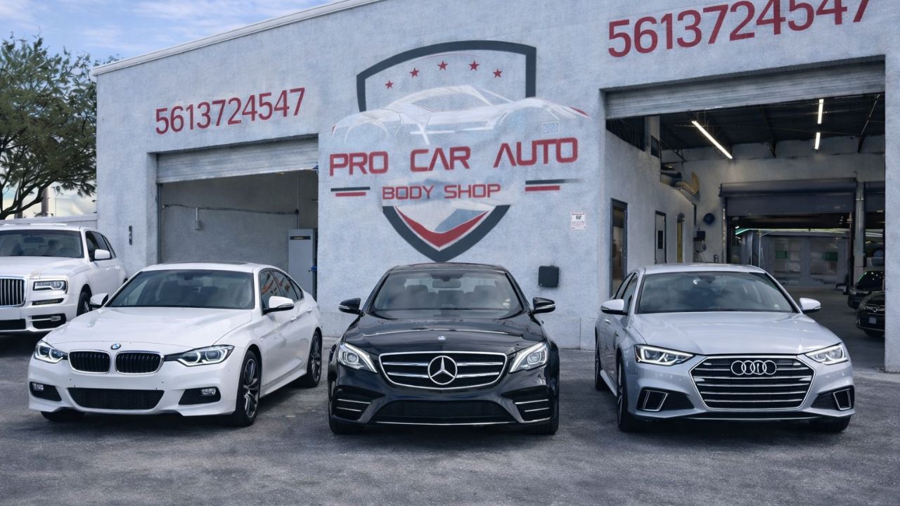 Exterior view of Pro Car Auto Body Shop in Florida with BMW, Mercedes-Benz, and Audi vehicles parked outside, showcasing professional collision repair and insurance claim assistance services.