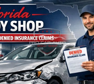Florida body shop technician holding a denied insurance claim form next to a damaged car, highlighting assistance with denied auto insurance claim repairs in Florida 