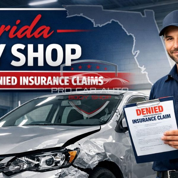 Florida body shop technician holding a denied insurance claim form next to a damaged car, highlighting assistance with denied auto insurance claim repairs in Florida 