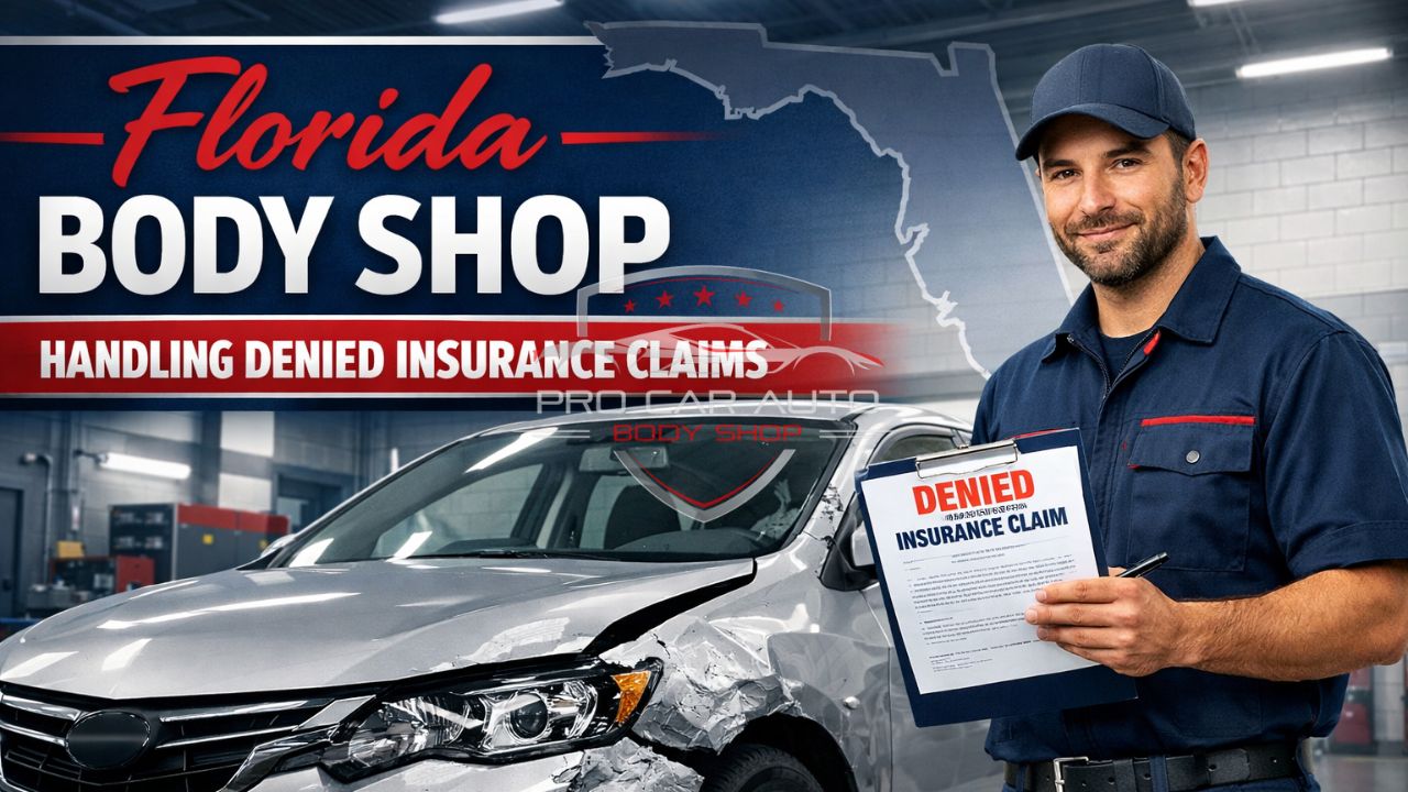 Florida body shop technician holding a denied insurance claim form next to a damaged car, highlighting assistance with denied auto insurance claim repairs in Florida