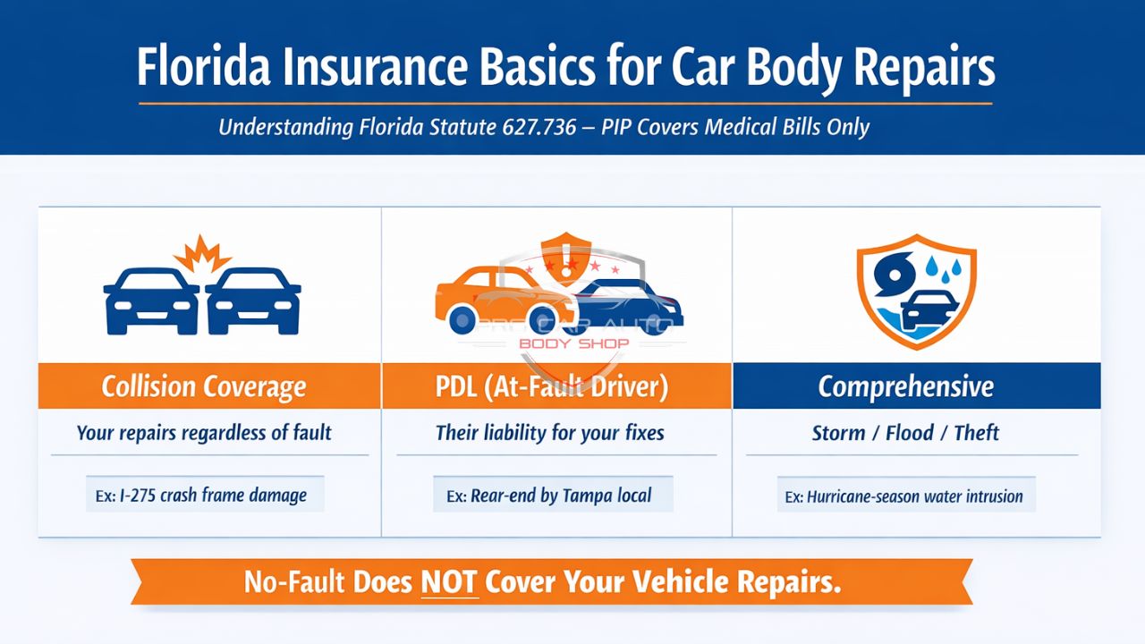 Florida insurance basics infographic explaining collision coverage, PDL at-fault liability, and comprehensive coverage for car body repairs.