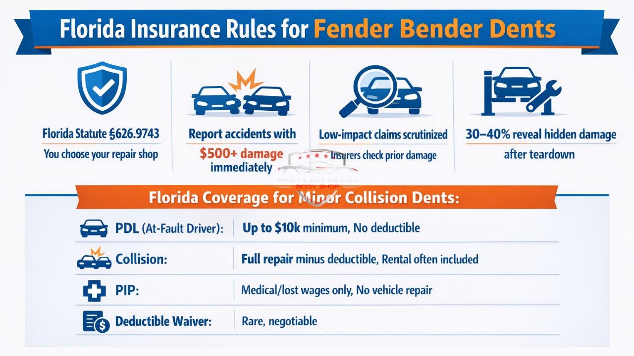Florida insurance rules for fender bender dents including repair shop choice law, accident reporting requirements, and coverage types like PDL, collision, and PIP.