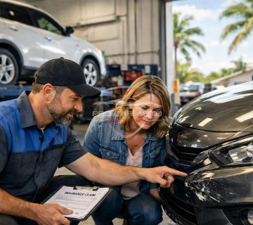 Auto body technician inspecting front bumper collision damage with customer during insurance claim process at Florida collision repair shop 
