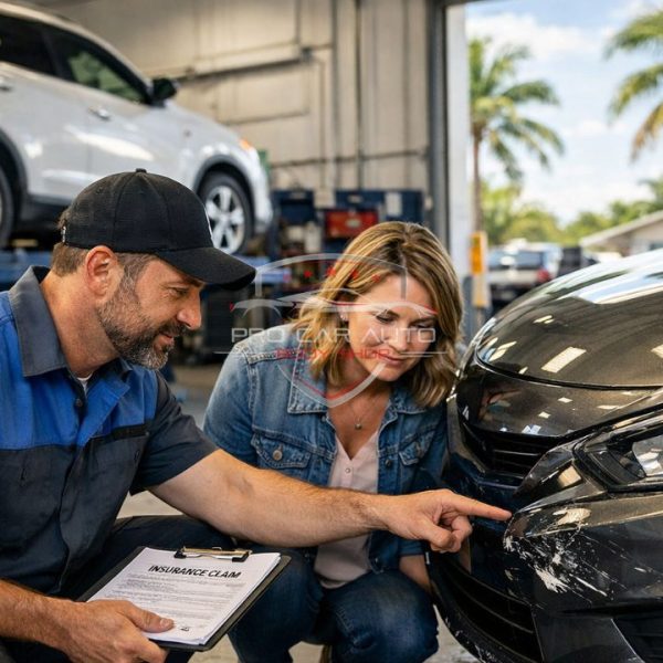 Auto body technician inspecting front bumper collision damage with customer during insurance claim process at Florida collision repair shop 