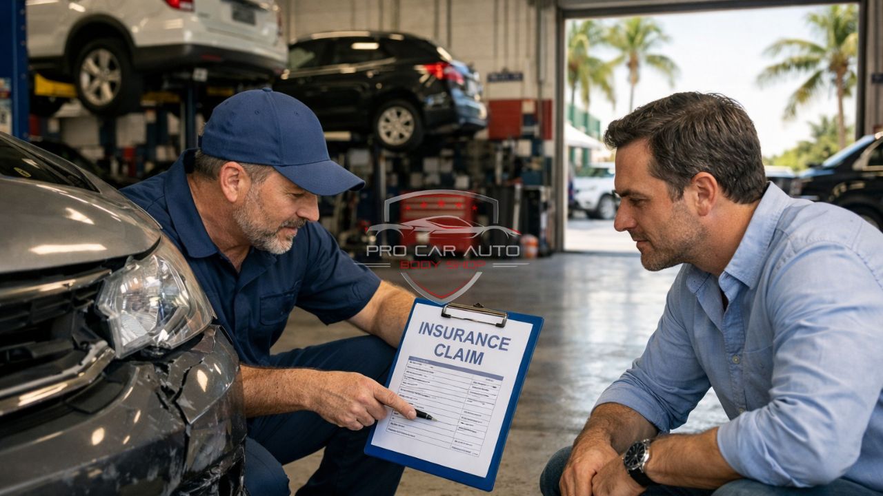 Auto body technician explaining insurance claim repair process to customer while inspecting front-end collision damage at Florida body shop.