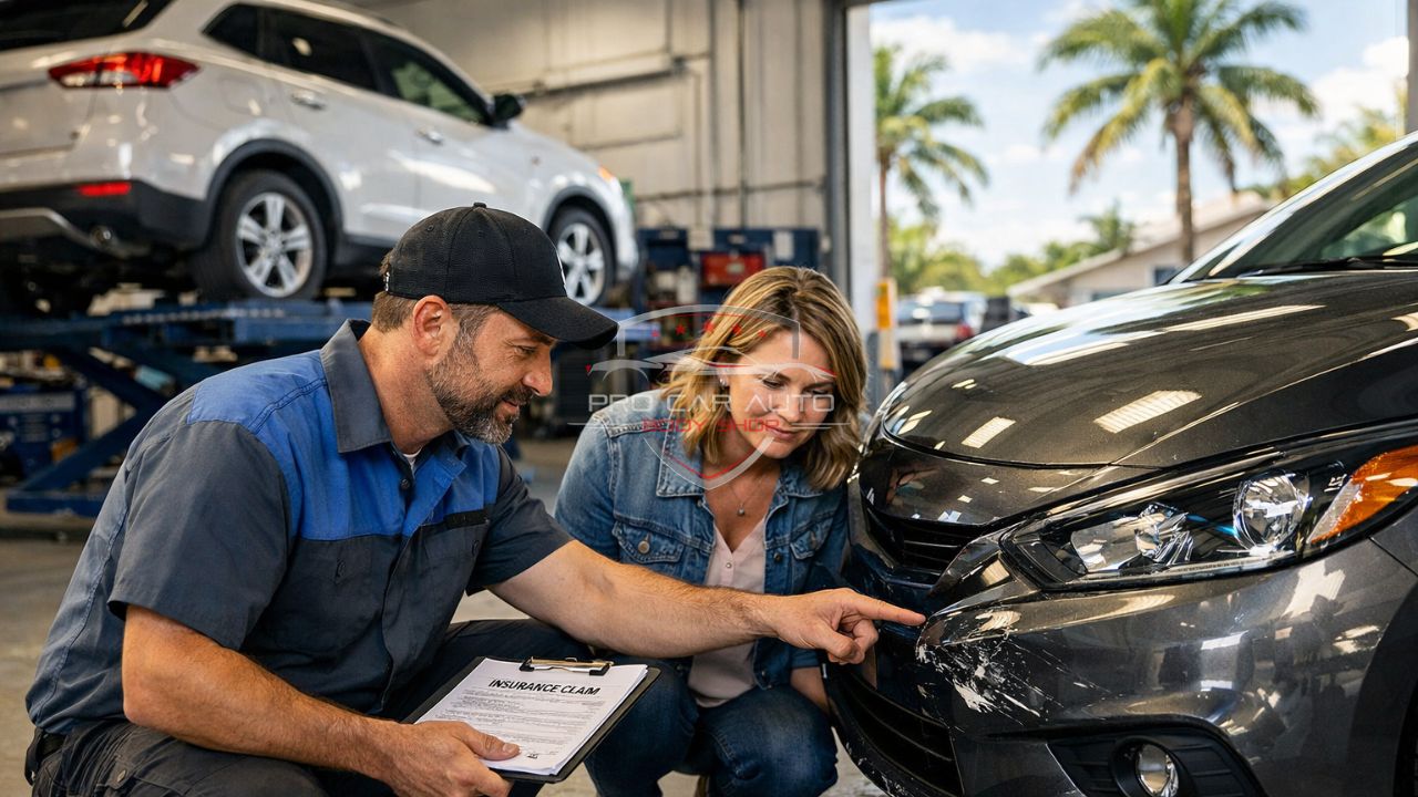 Auto body technician inspecting front bumper collision damage with customer during insurance claim process at Florida collision repair shop