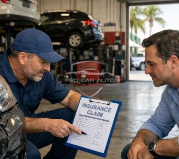 Fort Lauderdale auto body technician explaining insurance claim repair process to customer beside damaged vehicle 