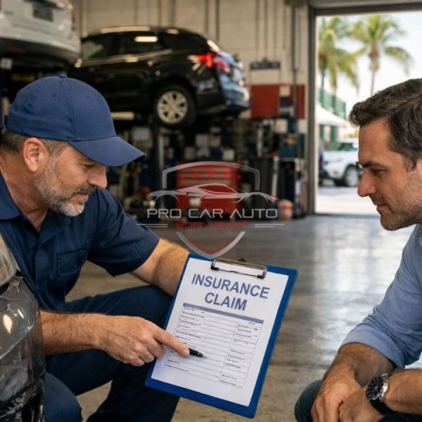 Fort Lauderdale auto body technician explaining insurance claim repair process to customer beside damaged vehicle 