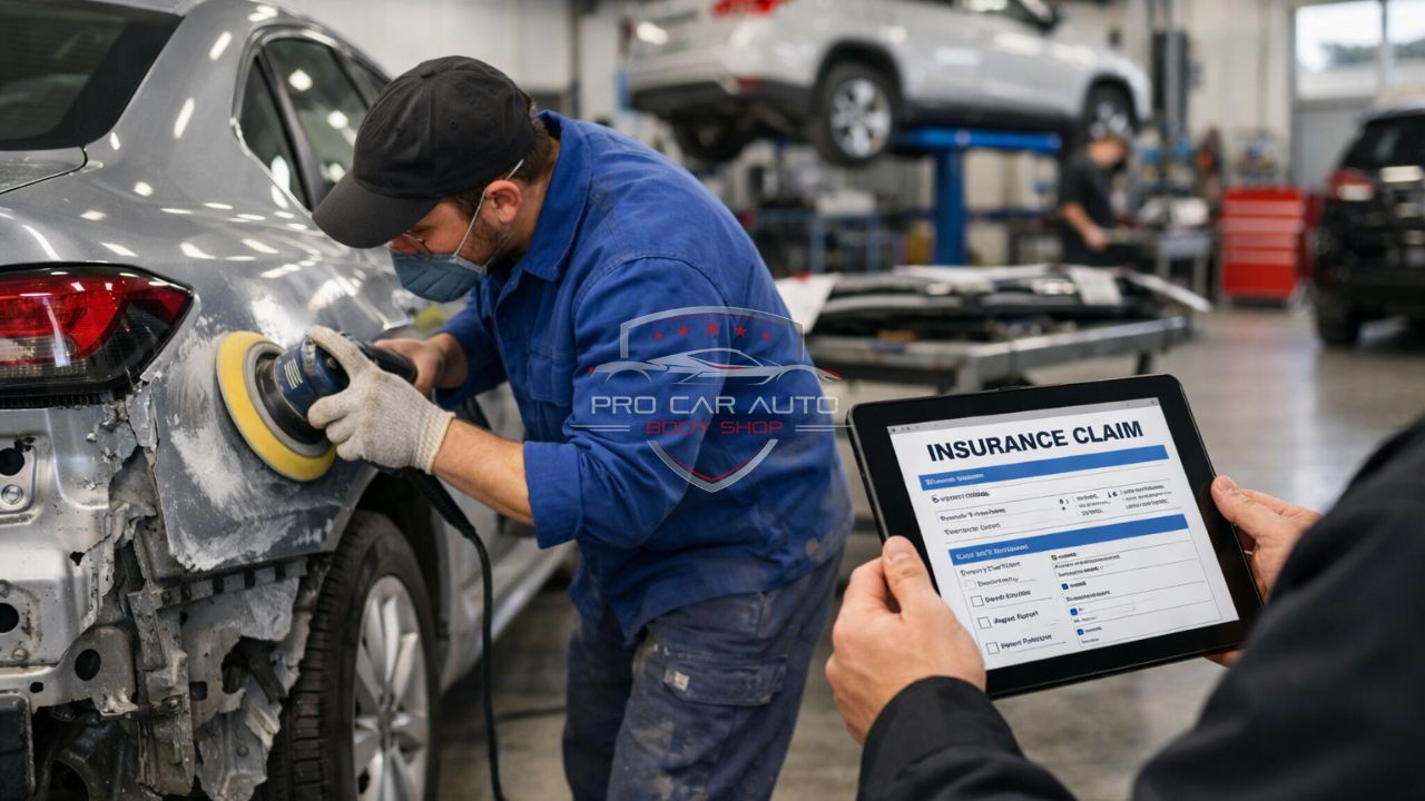 Auto body technician repairing vehicle panel damage while insurance claim estimate is reviewed at Fort Lauderdale collision repair shop.