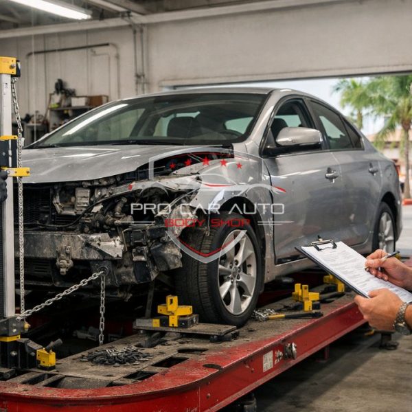 Auto body technician performing frame straightening on damaged car while insurance adjuster inspects and notes claim details in Florida repair shop 