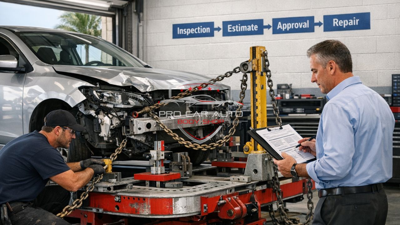 Frame straightening process in Florida auto body shop showing inspection, estimate, approval, and repair during insurance claim handling.