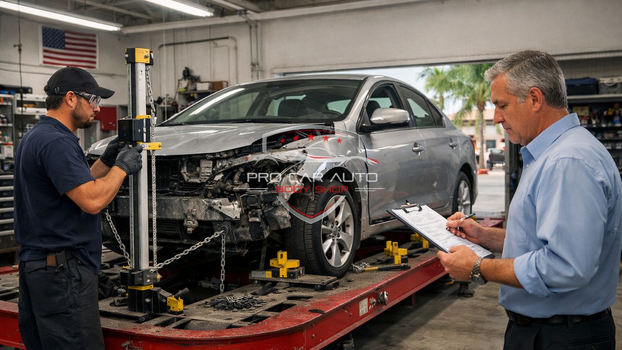 Auto body technician performing frame straightening on damaged car while insurance adjuster inspects and notes claim details in Florida repair shop 