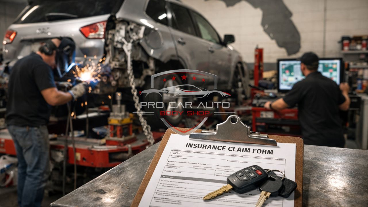Frame and unibody repair in Florida auto body shop with technicians welding damaged SUV while handling an insurance claim form and car keys in foreground.