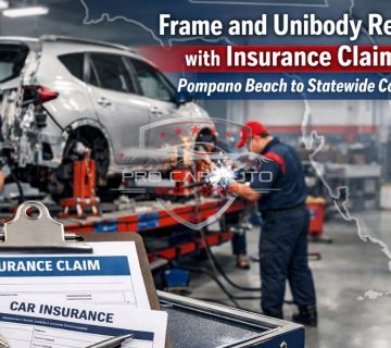 Frame and unibody repair with insurance claim in Florida, showing technicians performing structural auto body repairs in a Pompano Beach collision shop with insurance paperwork in foreground 
