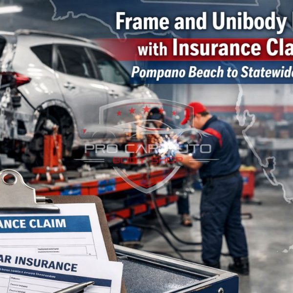 Frame and unibody repair with insurance claim in Florida, showing technicians performing structural auto body repairs in a Pompano Beach collision shop with insurance paperwork in foreground 