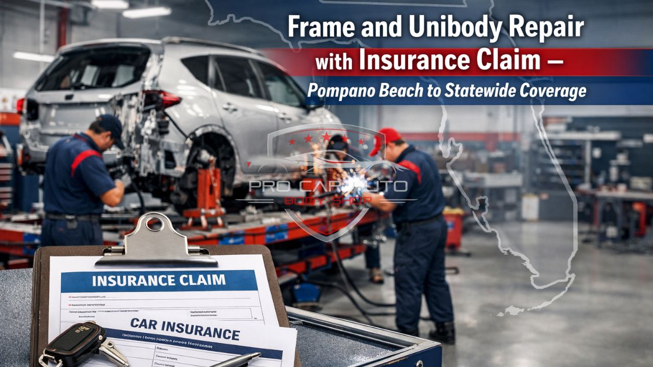 Frame and unibody repair with insurance claim in Florida, showing technicians performing structural auto body repairs in a Pompano Beach collision shop with insurance paperwork in foreground