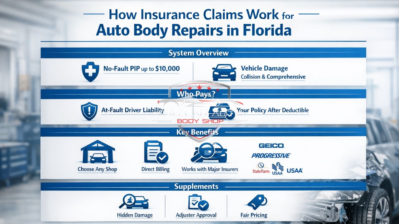 Infographic explaining how auto insurance claims work in Florida, including PIP coverage, liability, vehicle damage, deductibles, and repair supplements.