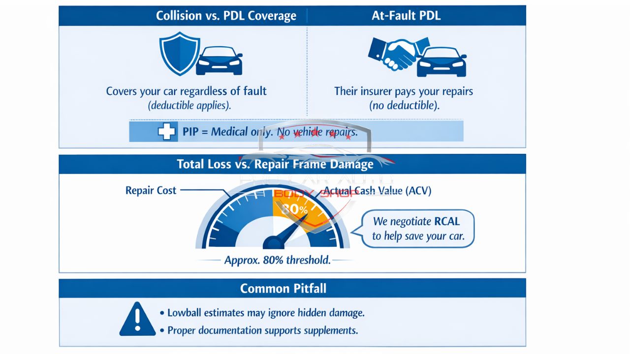 Florida insurance coverage infographic explaining collision vs PDL coverage, PIP medical-only limits, and total loss vs repair frame damage 80% ACV threshold.