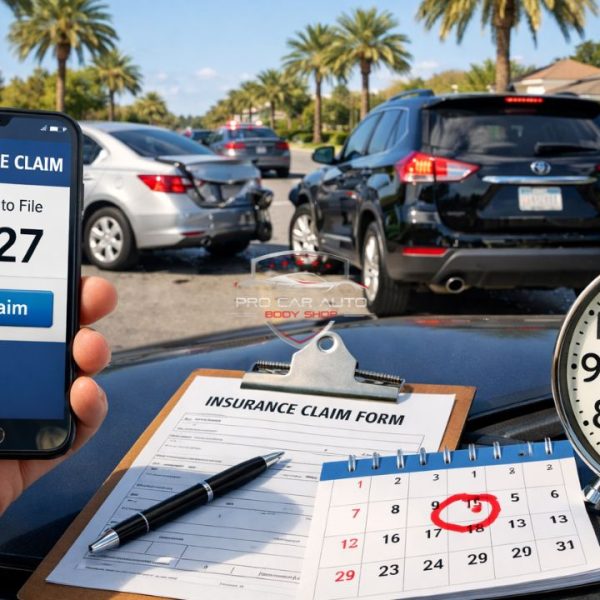 Florida car accident scene showing insurance claim filing deadline with mobile app, clock, and claim form highlighting urgency to file claim quickly after collision 