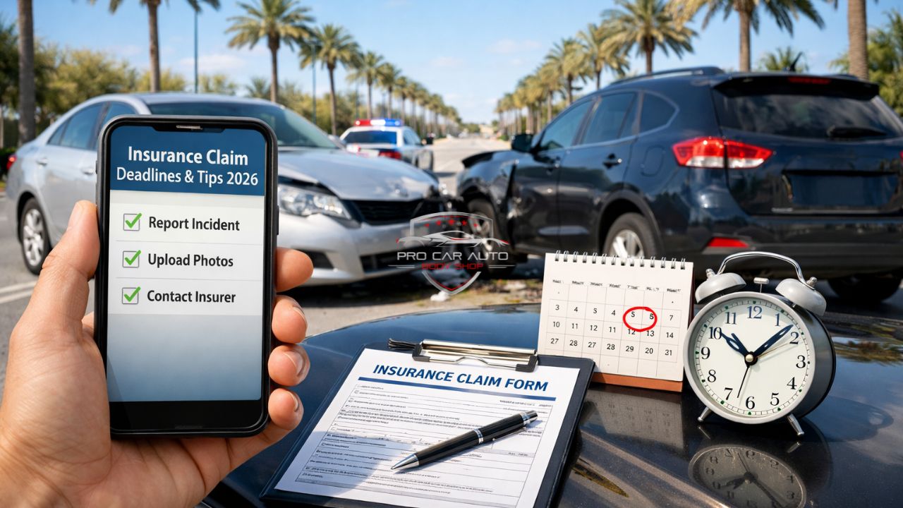 Florida car accident scene with insurance claim checklist showing deadlines, reporting steps, and tips for filing a claim quickly after a collision.