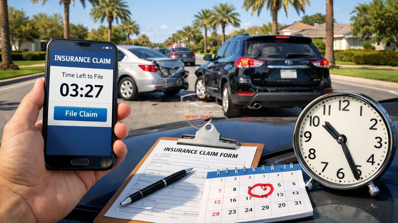 Florida car accident scene showing insurance claim filing deadline with mobile app, clock, and claim form highlighting urgency to file claim quickly after collision 