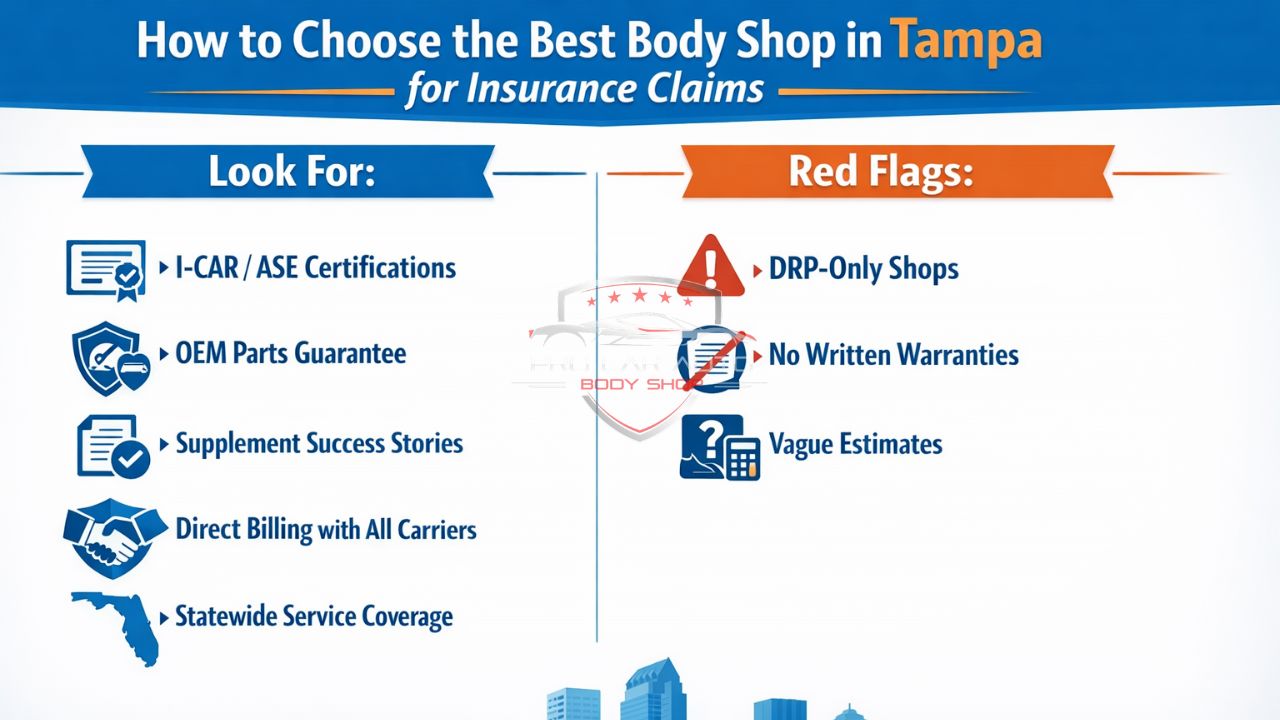 How to choose the best body shop in Tampa for insurance claims infographic showing I-CAR certification, OEM parts guarantee, direct billing, and red flags like DRP-only shops.